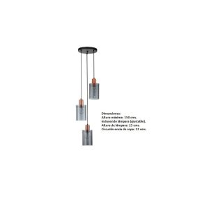 IM1 LAMPARA COLGANTE NEGRA BASE REDONDA VIDRIO CILINDRO AHUMADO C/DETALLE ORO ROSA 26495A-3P 3L E27